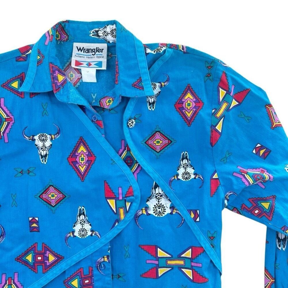 Vintage Wrangler Funky Bold Western Rodeo Aztec Print Shirt Size Medium Native - Picture 3 of 9